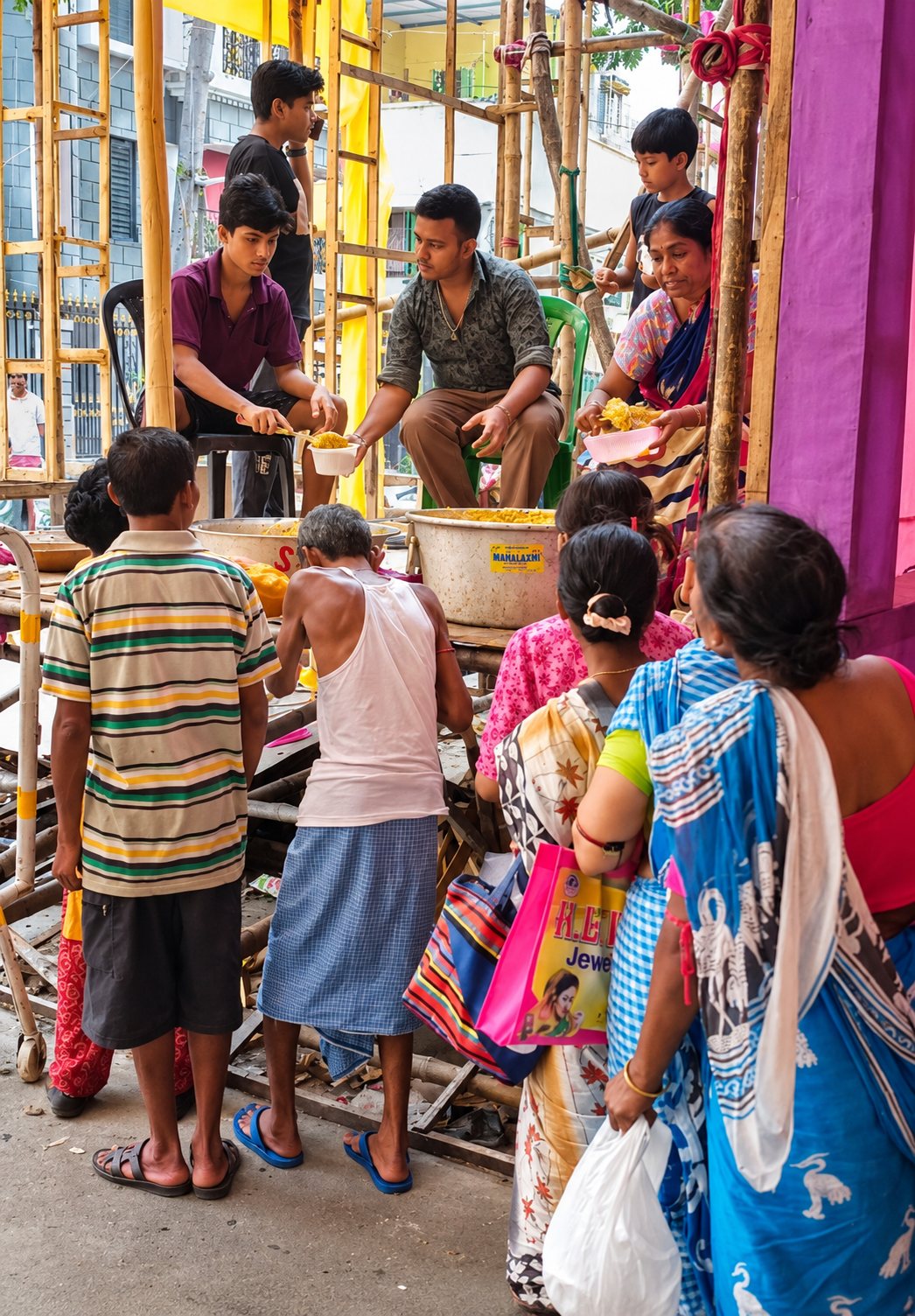 Bhog being served to members of the community at the Dasamahavidya Puja pandal in Chetla